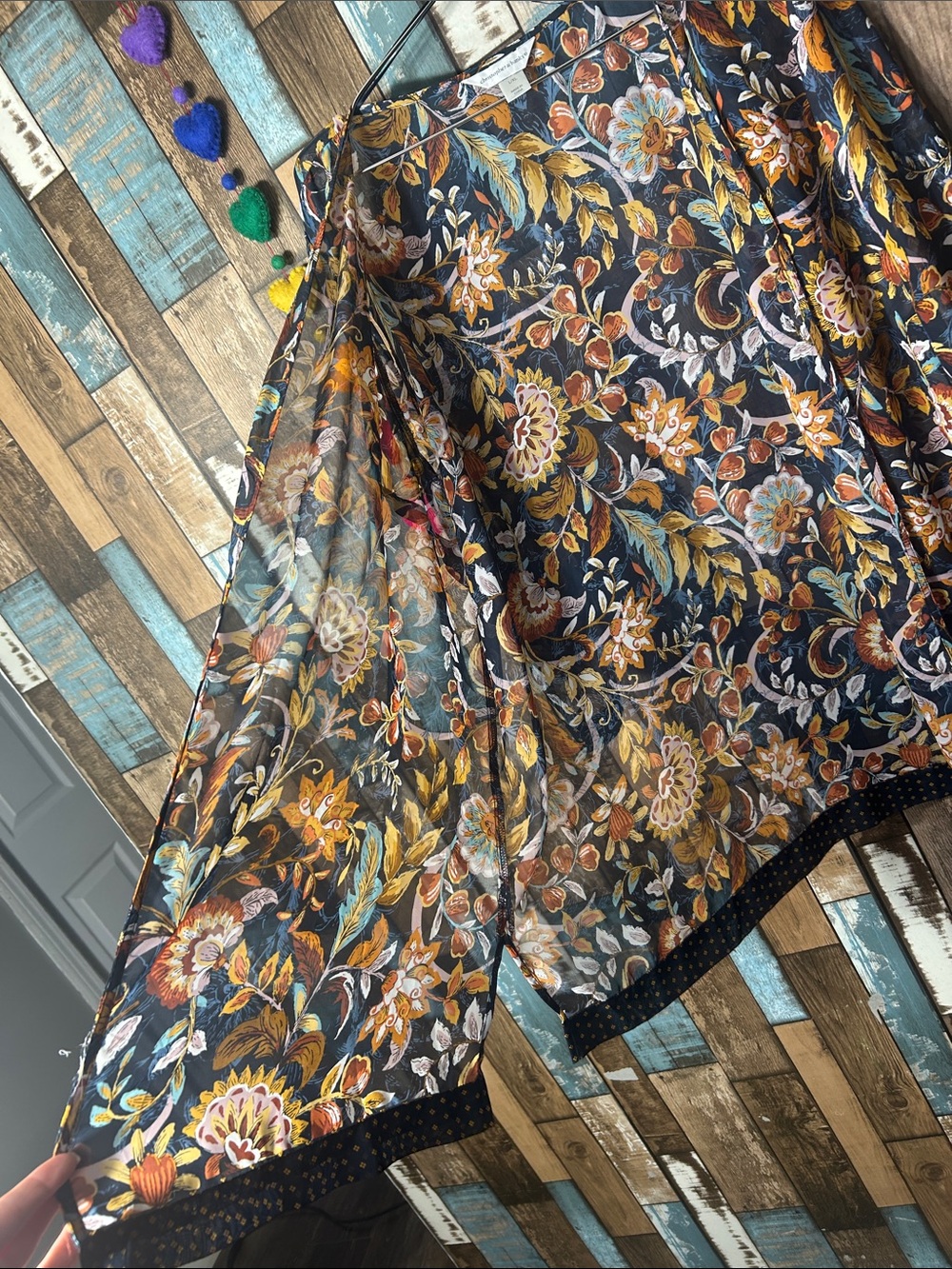 Christopher & Banks Navy Floral Open-Front Kimono with Mustard & Rust Accents - Picture 8 of 14